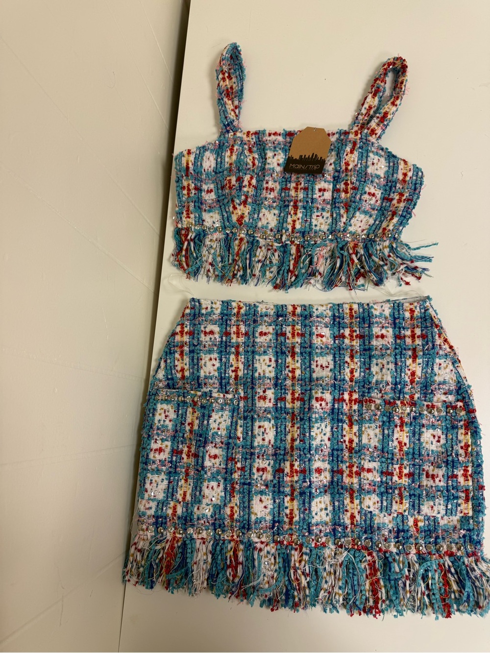 Two-Piece Tweed Fringe Set in Blue, White & Red